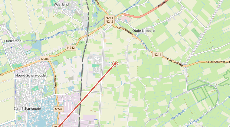Kaart van de omgeving van de melding, met de kazerne die is gealarmeerd