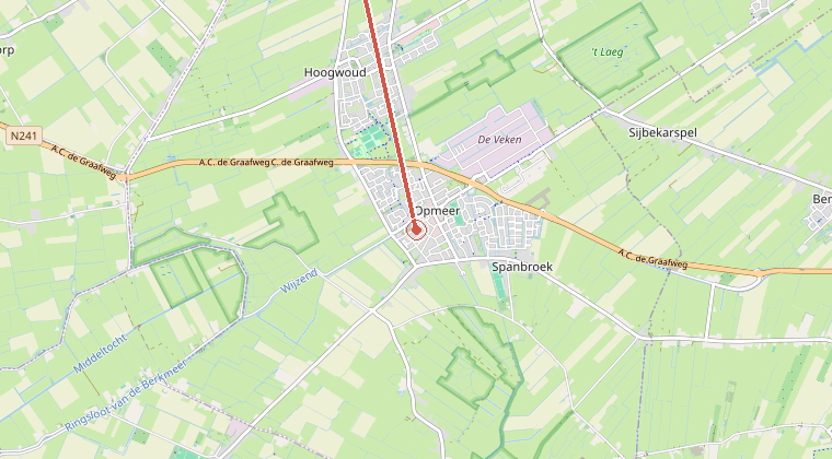 Kaart van de omgeving van de melding, met de kazerne die is gealarmeerd
