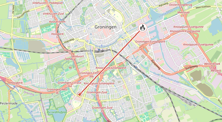 Kaart van de omgeving van de melding, met de kazerne die is gealarmeerd