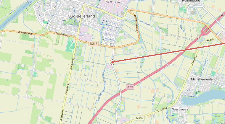 Kaart van de omgeving van de melding, met de kazerne die is gealarmeerd