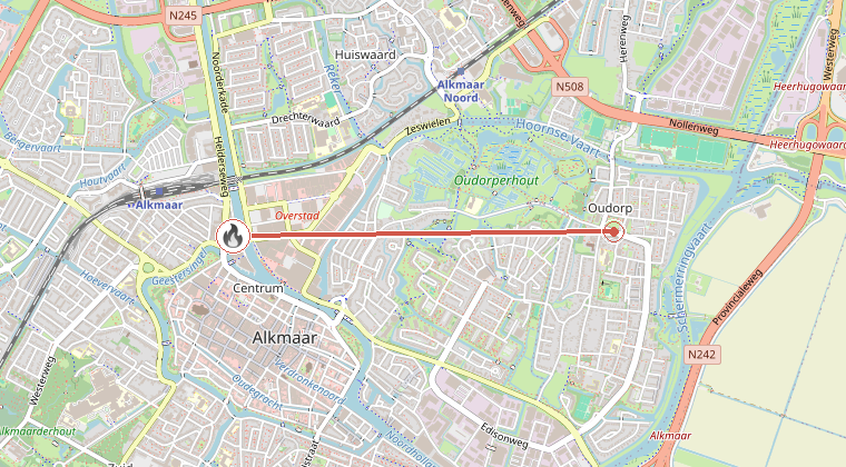 Kaart van de omgeving van de melding, met de kazerne die is gealarmeerd