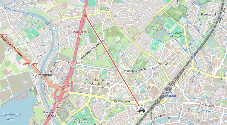 Kaart van de omgeving van de melding, met de kazerne die is gealarmeerd