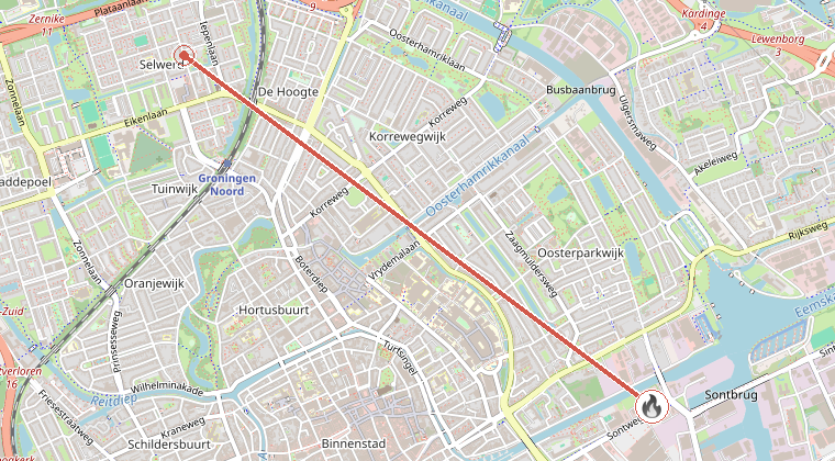 Kaart van de omgeving van de melding, met de kazerne die is gealarmeerd