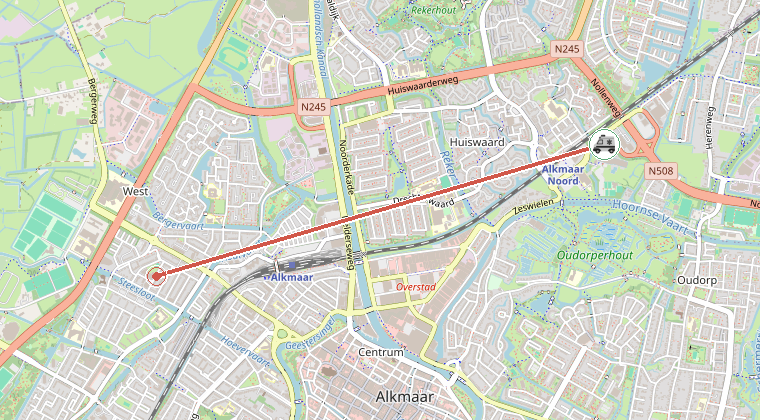 Kaart van de omgeving van de melding, met de kazerne die is gealarmeerd
