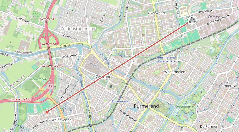 Kaart van de omgeving van de melding, met de kazerne die is gealarmeerd