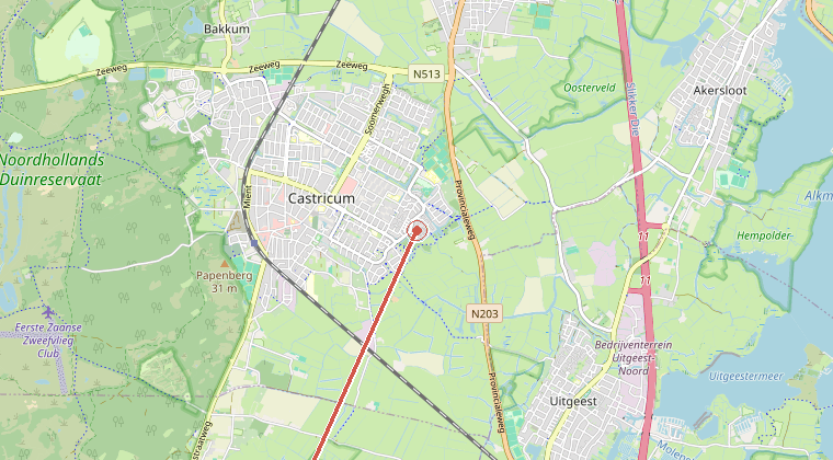 Kaart van de omgeving van de melding, met de kazerne die is gealarmeerd