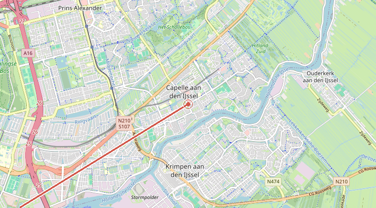 Kaart van de omgeving van de melding, met de kazerne die is gealarmeerd