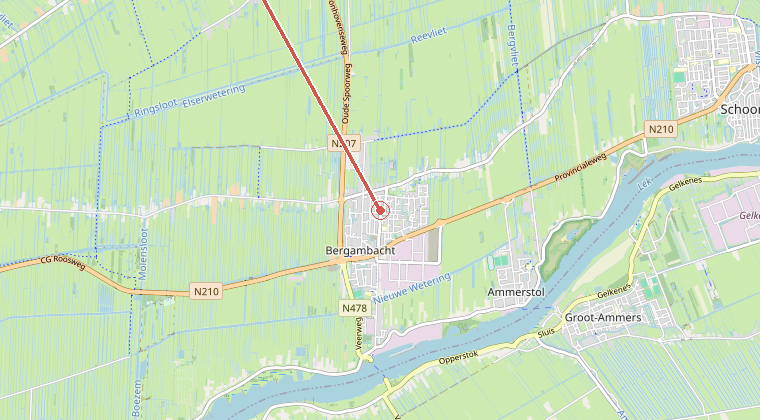 Kaart van de omgeving van de melding, met de kazerne die is gealarmeerd