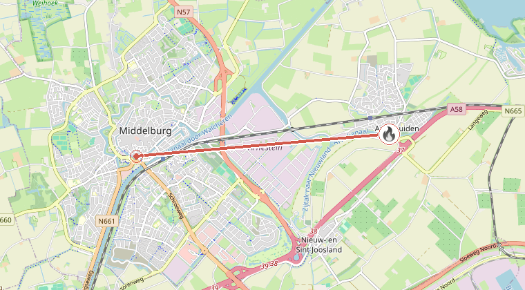 Kaart van de omgeving van de melding, met de kazerne die is gealarmeerd