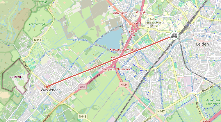 Kaart van de omgeving van de melding, met de kazerne die is gealarmeerd