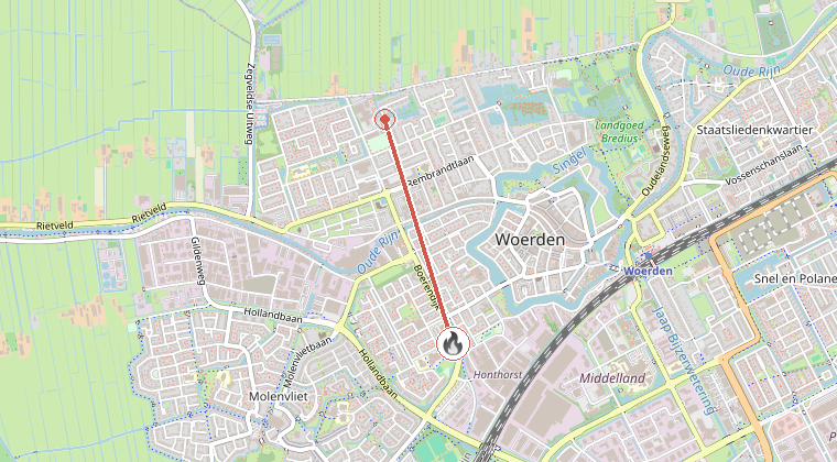 Kaart van de omgeving van de melding, met de kazerne die is gealarmeerd