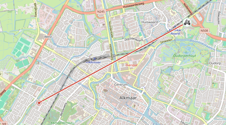 Kaart van de omgeving van de melding, met de kazerne die is gealarmeerd