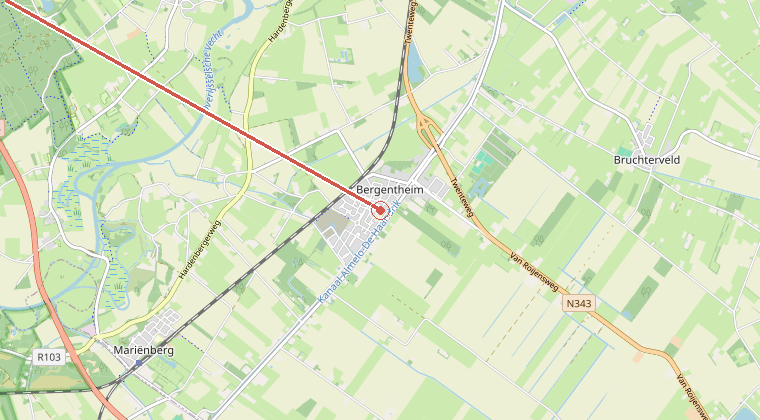 Kaart van de omgeving van de melding, met de kazerne die is gealarmeerd