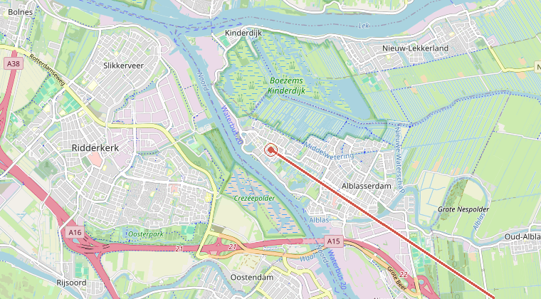 Kaart van de omgeving van de melding, met de kazerne die is gealarmeerd