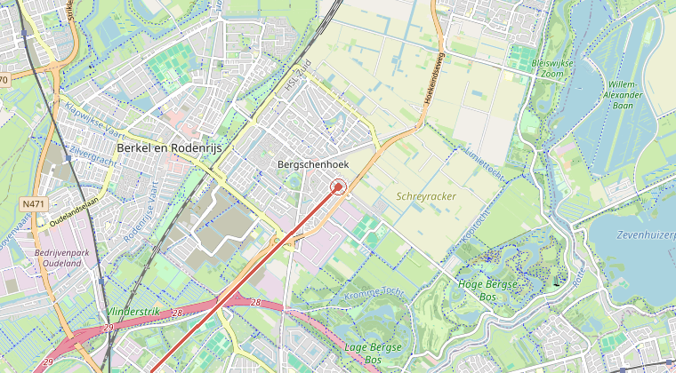 Kaart van de omgeving van de melding, met de kazerne die is gealarmeerd