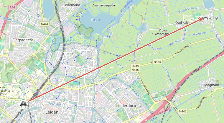 Kaart van de omgeving van de melding, met de kazerne die is gealarmeerd