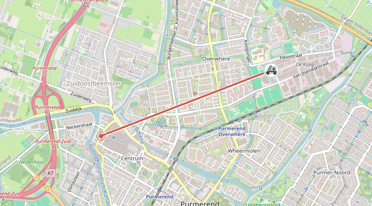 Kaart van de omgeving van de melding, met de kazerne die is gealarmeerd