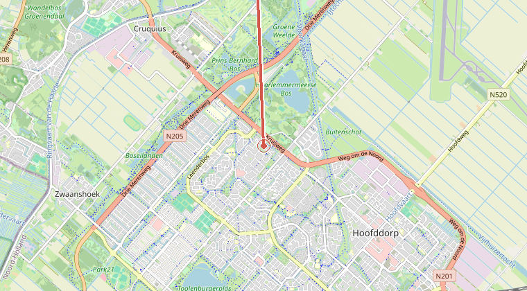Kaart van de omgeving van de melding, met de kazerne die is gealarmeerd