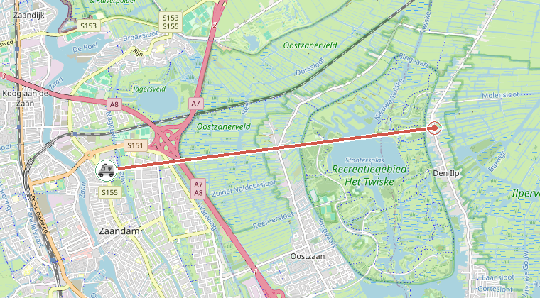 Kaart van de omgeving van de melding, met de kazerne die is gealarmeerd