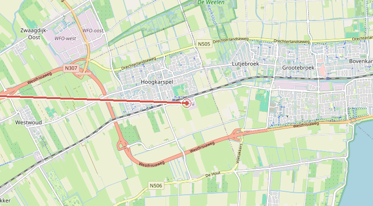 Kaart van de omgeving van de melding, met de kazerne die is gealarmeerd