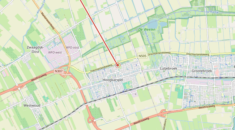 Kaart van de omgeving van de melding, met de kazerne die is gealarmeerd