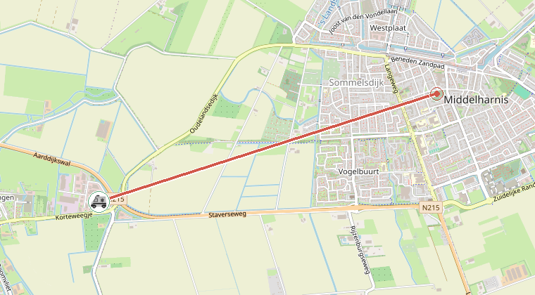 Kaart van de omgeving van de melding, met de kazerne die is gealarmeerd