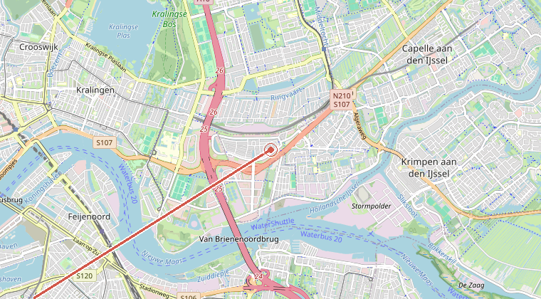 Kaart van de omgeving van de melding, met de kazerne die is gealarmeerd