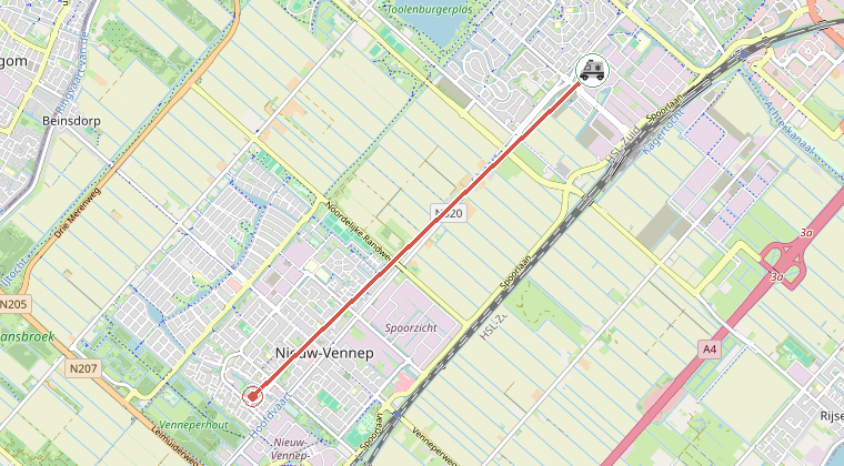 Kaart van de omgeving van de melding, met de kazerne die is gealarmeerd