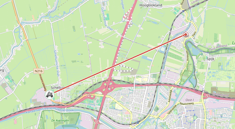Kaart van de omgeving van de melding, met de kazerne die is gealarmeerd