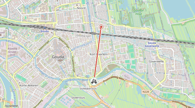 Kaart van de omgeving van de melding, met de kazerne die is gealarmeerd