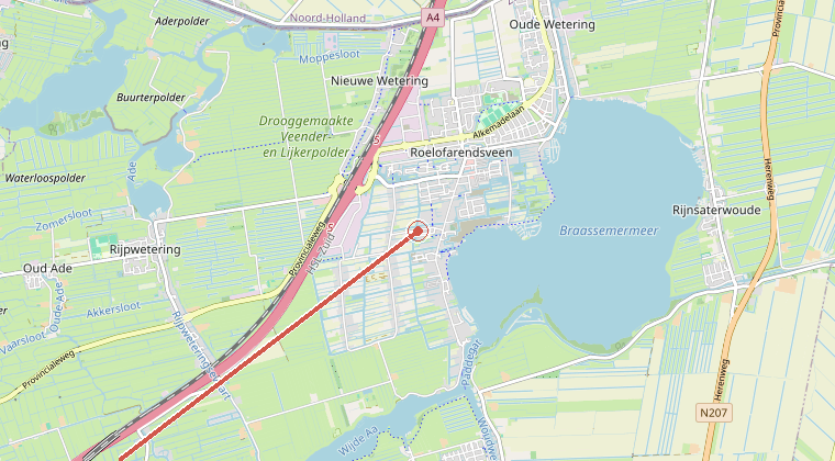 Kaart van de omgeving van de melding, met de kazerne die is gealarmeerd