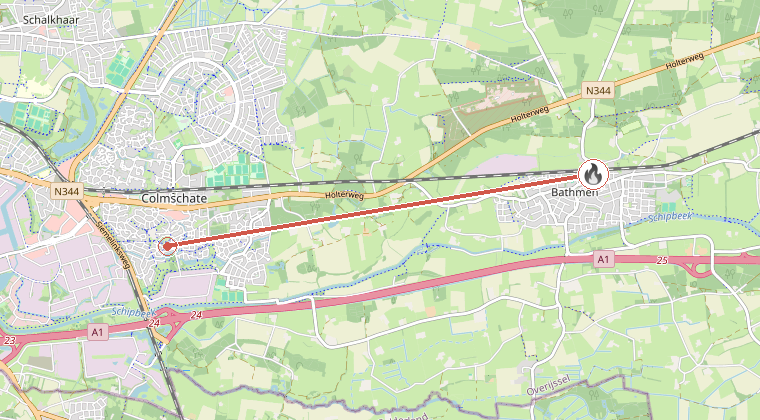 Kaart van de omgeving van de melding, met de kazerne die is gealarmeerd