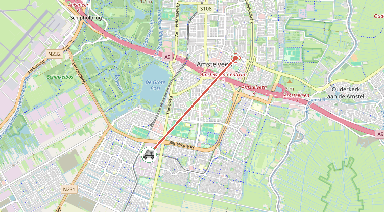 Kaart van de omgeving van de melding, met de kazerne die is gealarmeerd