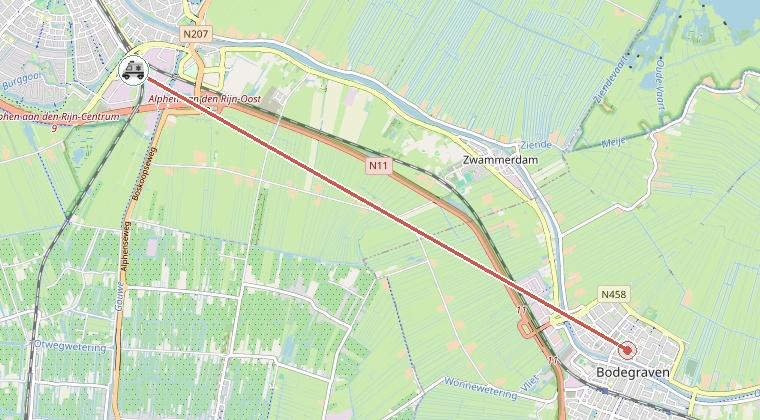 Kaart van de omgeving van de melding, met de kazerne die is gealarmeerd
