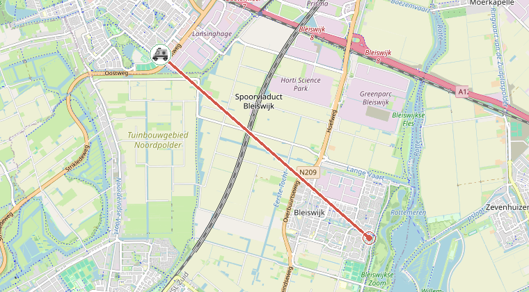 Kaart van de omgeving van de melding, met de kazerne die is gealarmeerd