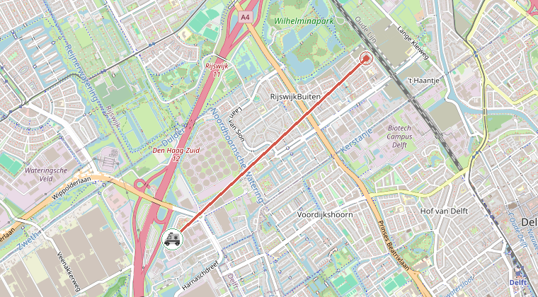 Kaart van de omgeving van de melding, met de kazerne die is gealarmeerd