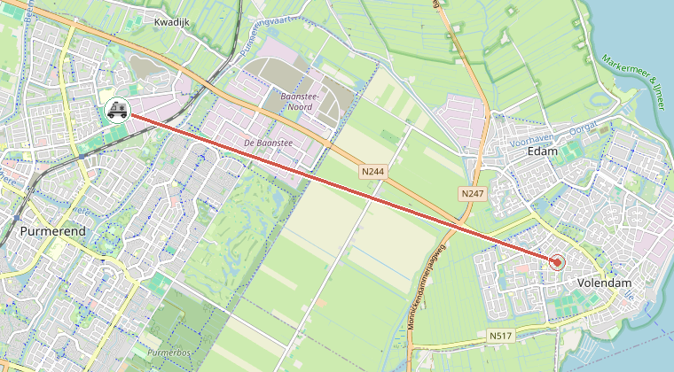 Kaart van de omgeving van de melding, met de kazerne die is gealarmeerd