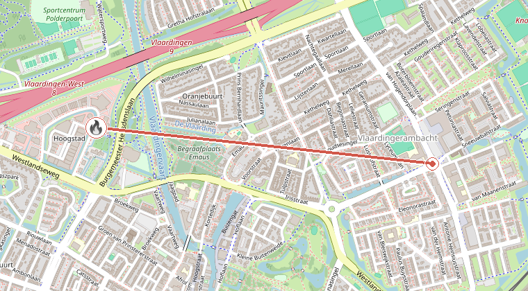 Kaart van de omgeving van de melding, met de kazerne die is gealarmeerd