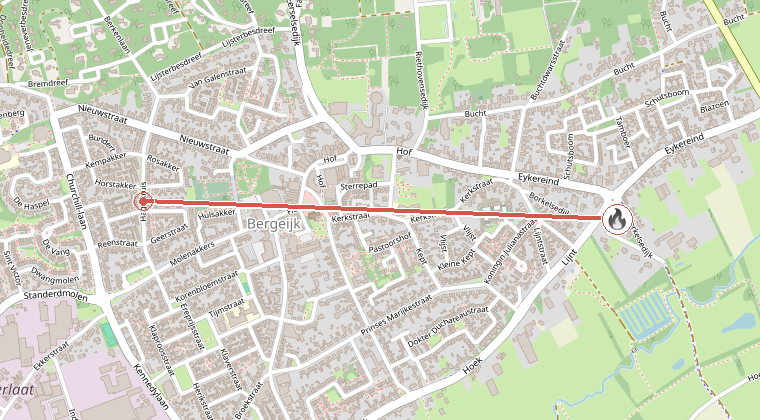 Kaart van de omgeving van de melding, met de kazerne die is gealarmeerd