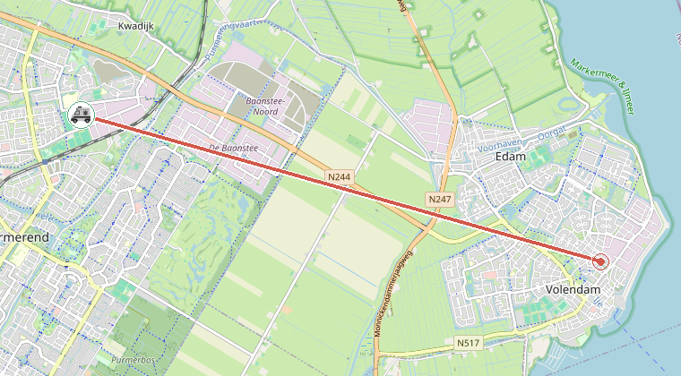Kaart van de omgeving van de melding, met de kazerne die is gealarmeerd