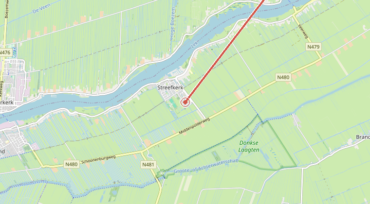 Kaart van de omgeving van de melding, met de kazerne die is gealarmeerd