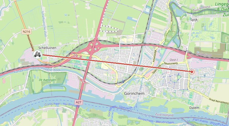 Kaart van de omgeving van de melding, met de kazerne die is gealarmeerd