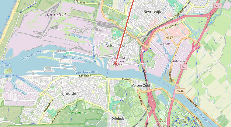 Kaart van de omgeving van de melding, met de kazerne die is gealarmeerd