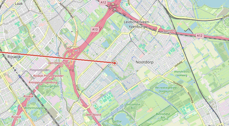 Kaart van de omgeving van de melding, met de kazerne die is gealarmeerd