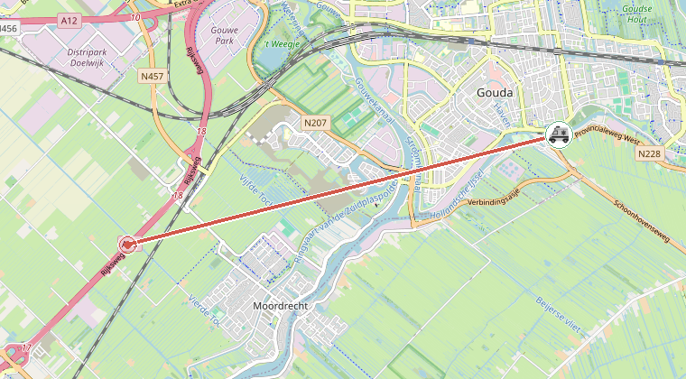 Kaart van de omgeving van de melding, met de kazerne die is gealarmeerd