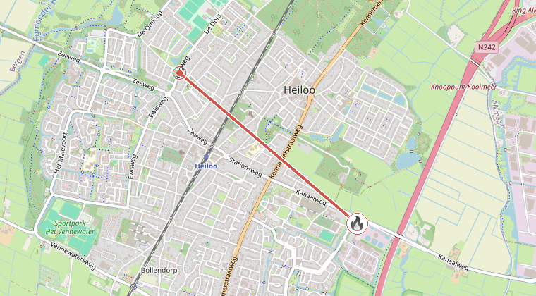 Kaart van de omgeving van de melding, met de kazerne die is gealarmeerd