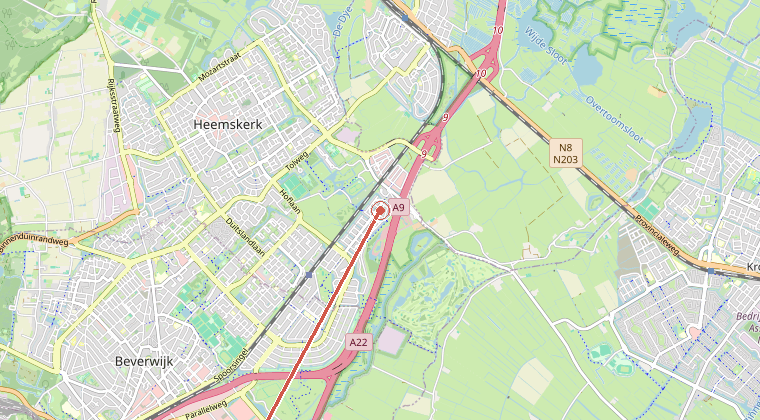 Kaart van de omgeving van de melding, met de kazerne die is gealarmeerd