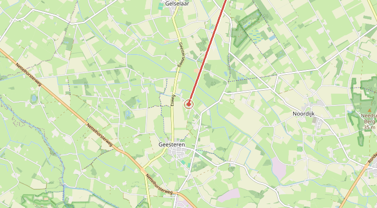 Kaart van de omgeving van de melding, met de kazerne die is gealarmeerd