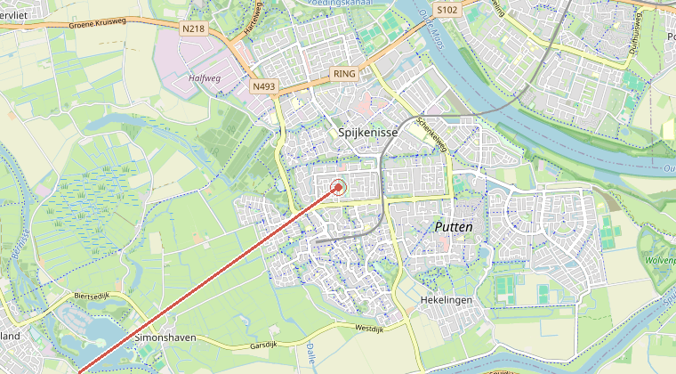 Kaart van de omgeving van de melding, met de kazerne die is gealarmeerd