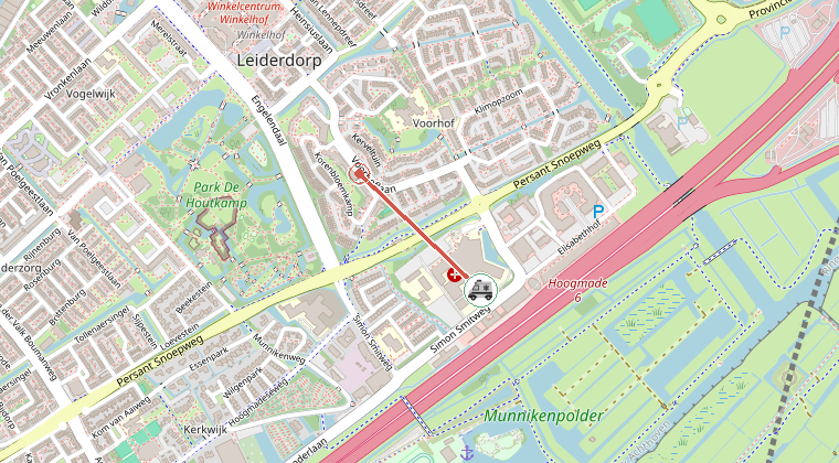 Kaart van de omgeving van de melding, met de kazerne die is gealarmeerd